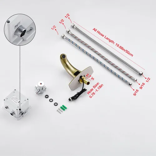 Vista 6 de Charmingwater Grifo de lavabo de baño sin contacto, grifo con sensor automático de movimiento con placa de cubierta de agujero, oro cepillado