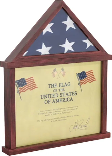 HBCY Creations Vitrina de bandera con soporte para certificado para bandera estadounidense de 3 x 5 pies, madera maciza con frente de vidrio con