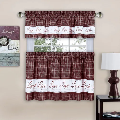 ACHIM Juego de cortinas para ventana de niveles y cenefa - 58 pulgadas de ancho, 24 pulgadas de largo - Live, Love, Laugh (borgoña) - cortinas con