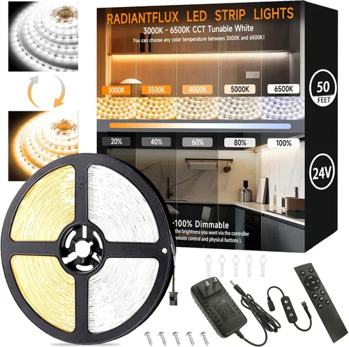 Vista 16 de Kit de iluminación debajo del gabinete Tiras pequeñas de luz LED de 10 pies blancas, tira de luces LED flexible regulable, 180 LED, súper brillantes