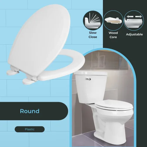 Vista 2 de Asiento de inodoro redondo Centoco, núcleo de madera resistente de servicio pesado con acabado de plástico resistente a los arañazos, cierre suave