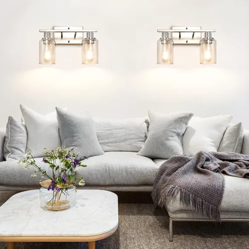 Vista 8 de ShineTech Lámparas de baño de 2 luces, modernas luces de tocador con pantalla de vidrio transparente, luz de tocador de baño de níquel cepillado