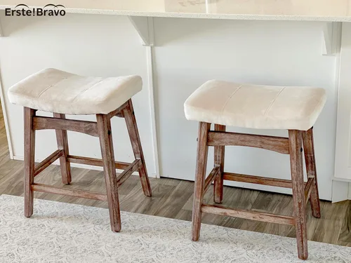 Vista 3 de Taburete de bar de madera maciza para encimera de cocina, taburete de bar con asiento de silla de montar de tela, taburete tapizado para isla de 34