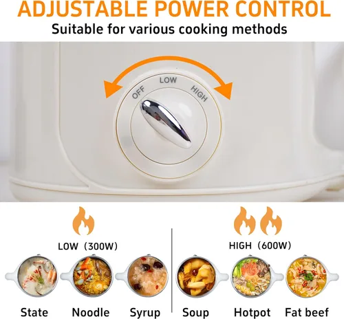 Vista 3 de Olla Eléctrica Caliente con Vaporera: Cocedor de Ramen de 2.0L, Olla Eléctrica Multifuncional de Acero Inoxidable, Portátil, Ajuste de Potencia Dual