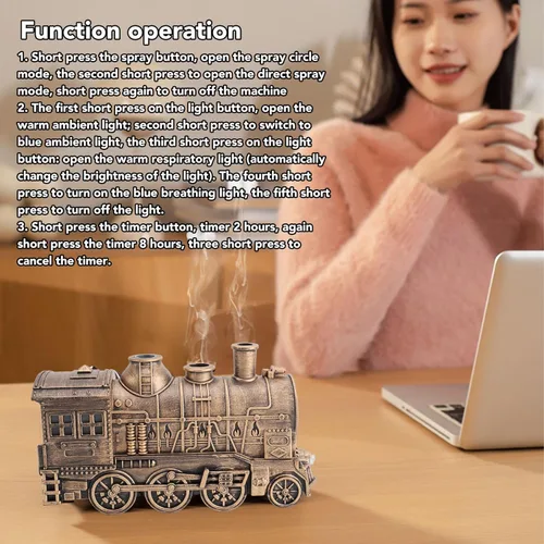Vista 4 de Gonetre Christmas Train Diffuser Locomotive Train Essential Oil Diffuser Humidifier Cool Mist Diffuser with Dual Outlets 300ml Capacity for Bedroom