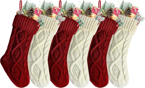 Paquete de 6, 14" Medias de Navidad de Punto Únicas Color Borgoña y Blanco Marfil Estilo2
