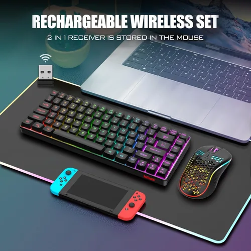 Vista 2 de Combo de teclado y mouse inalámbricos RedThunder K84, batería recargable con retroiluminación arco iris, teclado ultra compacto TKL de 75%
