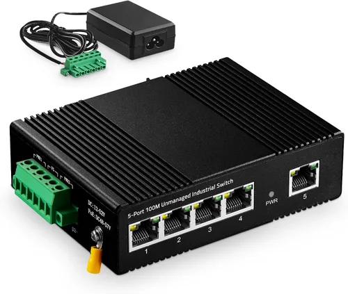 Interruptor Ethernet industrial de 5 puertos, 4 puertos y 1 enlace ascendente 10/100 Mbps, riel DIN sin ventilador y montaje en pared, aleación de