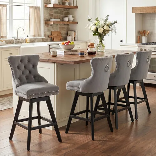 Vista 65 de SoarFlash Juego de 2 taburetes de bar tapizados de terciopelo moderno con patas de madera, botones acolchados, cabeza de clavo cromada, asiento