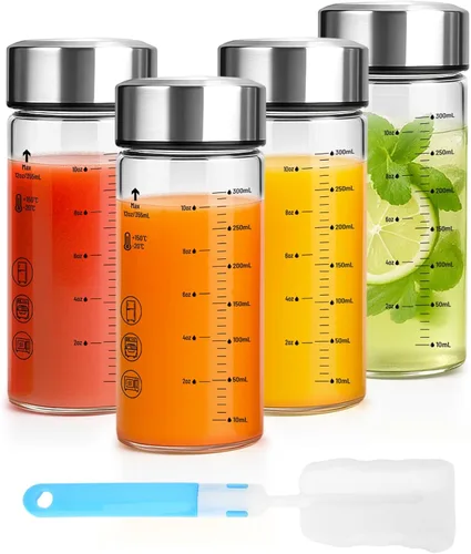 Luxfuel Botellas de vidrio de 12 onzas con tapas, paquete de 4 botellas de vidrio de borosilicato de boca ancha con tapas de acero inoxidable,
