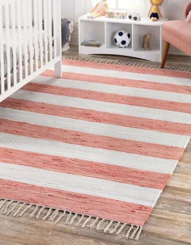 Vista 4 de Unique Loom Chindi Rag Collection - Alfombra a rayas (2 pies 2 pulgadas x 3 pies 1 pulgada, rectangular, coral y marfil)