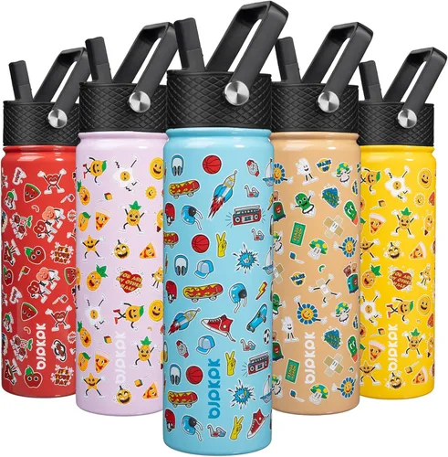 Vista 28 de BJPKPK Botella de agua con tapa con pajilla, botella de agua aislada de 15 onzas, botellas de agua de metal de acero inoxidable, termo reutilizable