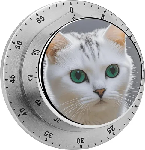 Cute White Cat Kitchen Timers for Cooking Stainless Steel Chef Cooking Timer Clock Magnetic Manual Countdown Timers 60 Minute Wind Up Timer with