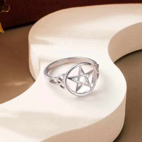 Vista 5 de Anillo de plata de ley S925 con amuleto de pentagrama de pentáculo, nudo celta, estrella y bruja, joyería para mujeres y hombres
