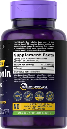 Vista 2 de Carlyle Tabletas de melatonina de 10 mg de disolución rápida 240 unidades Sabor a bayas 100% libre de drogas Vegetariano, sin OMG