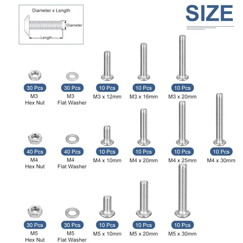 Vista 2 de DTGN 300 tornillos hexagonales de cabeza de botón M3/M4/M5 – Kit surtido de arandelas de tuerca de perno de acero inoxidable 304 – bueno