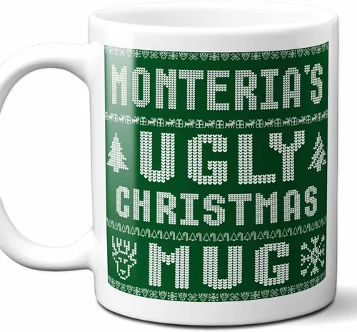 Monteria Name Christmas Gift. Personalized Ugly Christmas Sweater Coffee Mug. Funny Custom Xmas Gift, Stocking Stuffer For Friends, Coworkers And