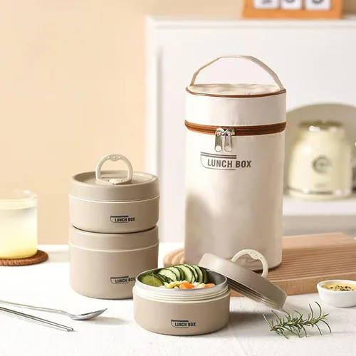 Vista 7 de Juego de recipientes de almuerzo aislados portátiles, contenedor de almuerzo de acero inoxidable apilable de 2/3/4 niveles separado con bolsa