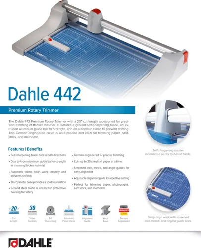 Vista 6 de Dahle 442 Cortador rotativo premium, longitud de corte de 20 pulgadas, capacidad de 30 hojas, autoafilado, abrazadera automática, cortador de papel