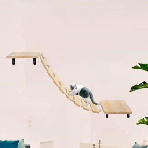 Vista 5 de Árbol trepador de madera hecho a mano para gatos con percha de montaje en pared, puente y escalera