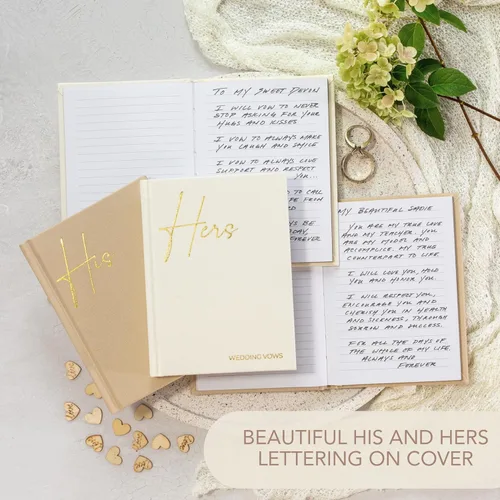 Vista 2 de Elegantes libros de votos de boda de lino con letras de lámina dorada, libros de juramentos de tamaño perfecto para él y para ella con muchas