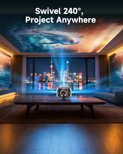 Vista 4 de Mini proyector con WiFi y Bluetooth, proyectores portátiles nativos 1080P para iPhone con soporte ajustable de 240°, enfoque eléctrico, altavoces