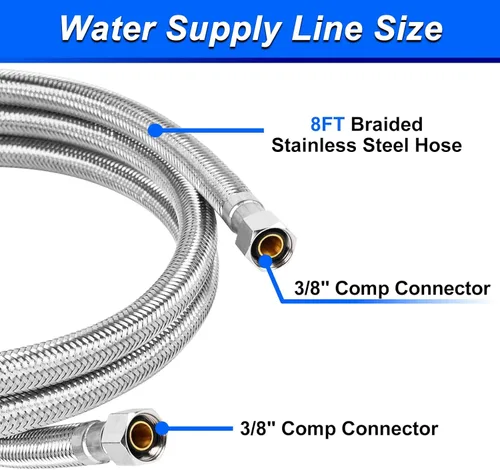 Vista 2 de 8FT Stainless Steel Braided Water Supply Line for Dishwasher(2pcs), Brass 3/8 Inch Compression x 3/8 Inch Compression Connections, Food Grade PEX