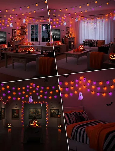 Vista 8 de Luces de Halloween Moradas y Naranjas, Cadena de Luces de 25 Pies con 27 LED G40, Luces de Cuentos de Terror Impermeables para Decoración