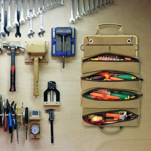 Vista 4 de Bolsa de herramientas portátil organizadora de herramientas, bolsa enrollable de tres capas, material de tela Oxford, gran capacidad, resistente