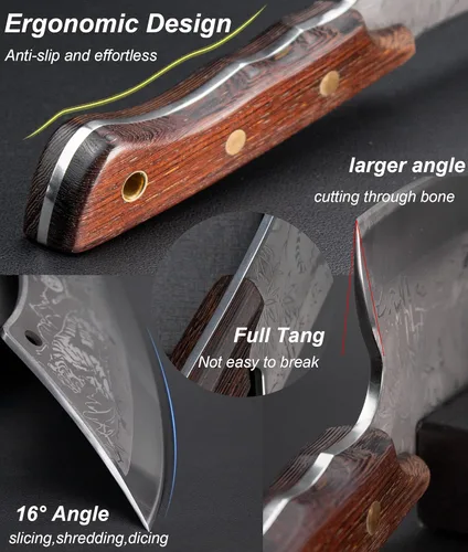 Vista 3 de Cuchilla de corte de carne, cuchillos de deshuesado de cocina vikingos de estilo japonés con funda, hoja curva de deshuesado de carnicero forjado