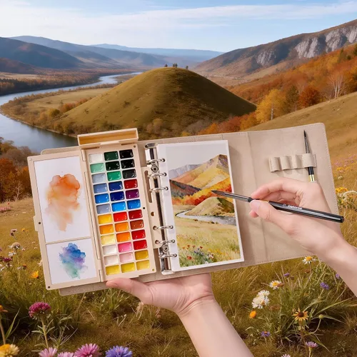 Vista 2 de Travel Watercolor Sketchbook Set - 6.7x3.9 in 100% Cotton Cold Press 20 Sheets Binder Art Journal with 36-Well Empty Ceramic Paint Palette & 2