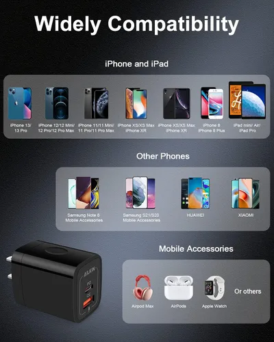 Vista 7 de Paquete de 3 cargadores USB C, cargador USB de doble puerto USB-C enchufable de pared 20 W PD y QC3.0 tipo A bloque de carga rápida para Samsung