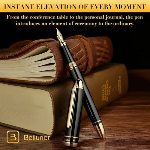 Vista 9 de BEILUNER 315 Pluma fuente negra – Impresionante pluma de lujo con acentos de oro de 24 quilates, hermosa punta dorada de 24 quilates (mediana)
