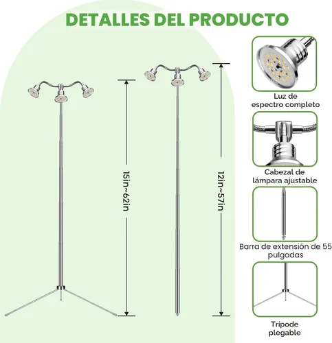 Vista 2 de Luces de crecimiento de espectro completo para plantas de interior de 15 a 62 pulgadas de altura ajustable de aleación de aluminio lámparas