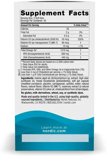 Vista 2 de Nordic Naturals Ultimate Omega a base de plantas con vitamina D3+K2 - 60 cápsulas blandas vegetarianas - 1210 mg de Omega-3 más 2000 UI de D3 y 90