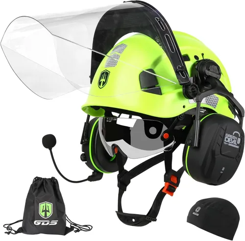 Vista 12 de Casco de seguridad para motosierra forestal GREEN DEVIL con orejeras Bluetooth Casco de arborista Casco duro con visera incorporada Protector facial