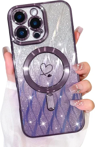 Vista 44 de Bonoma Funda con Purpurina Magnética para iPhone 16 Pro Max [Compatible con MagSafe], Funda Transparente Brillante de Lujo con Patrón de Corazones