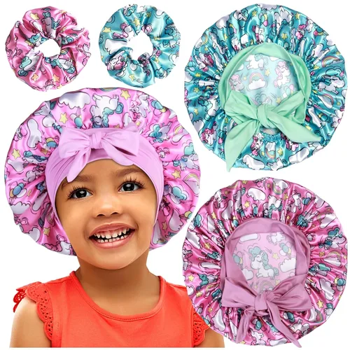 Vista 12 de 2+2 gorros de satén con coleteros para niños, bonitos gorros de pelo para niñas para dormir cabello rizado, A