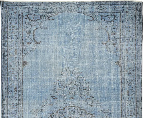 Vista 4 de 6.3x9.9 Ft Handmade 1960s Turkish Rug Overdyed in Light Blue for Modern