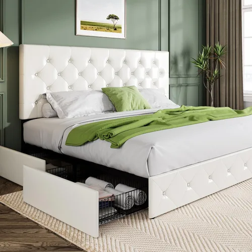 Vista 25 de Allewie - Base de cama con plataforma tapizada tamaño Queen, con 4 cajones de almacenamiento y cabecera, botón cosido en forma de diamante, base