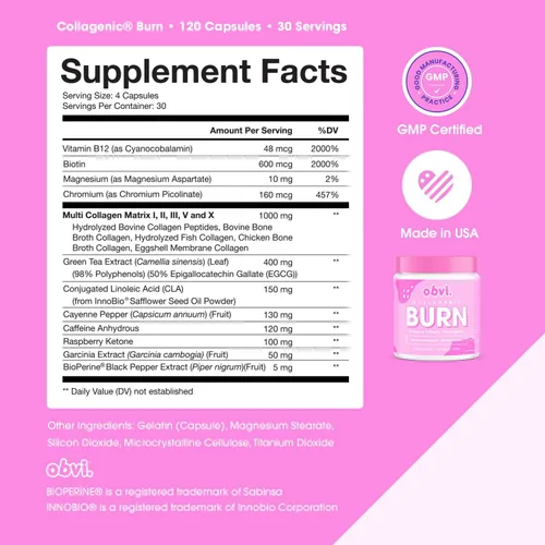 Vista 6 de Obvi Collagenic Burn Suplemento de péptido de colágeno con extracto de té verde 30 porciones (120 cápsulas)