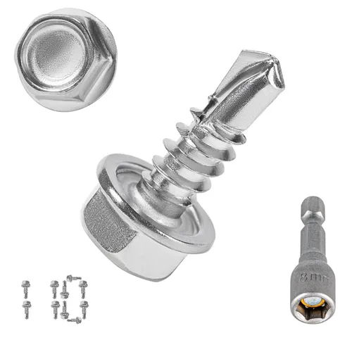 Vista 17 de QSJ 300 piezas #8 x 1/2'' tornillos de chapa de metal 410 de acero inoxidable con cabeza hexagonal y arandela autorroscantes de rosca rápida
