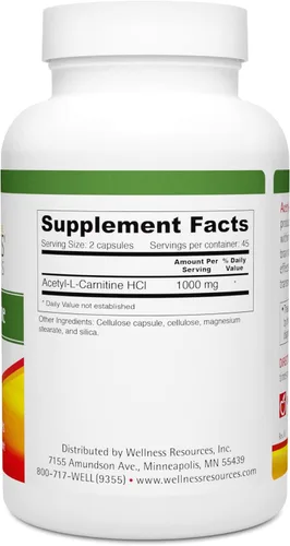 Vista 2 de Wellness Resources Acetil-L-carnitina (ALC) para memoria, nervios (500 mg, 90 cápsulas)