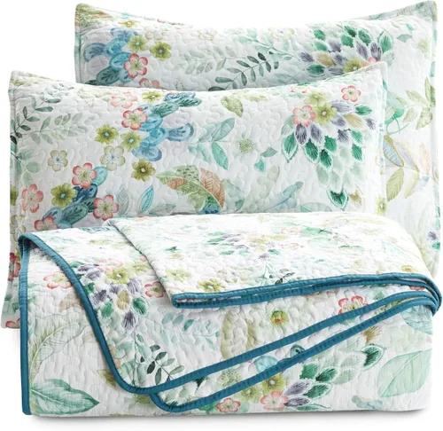 Vista 3 de Juego de ropa de cama tamaño King, reversible, con estampado floral, ligero, edredón vintage de microfibra a cuadros para todas las estaciones