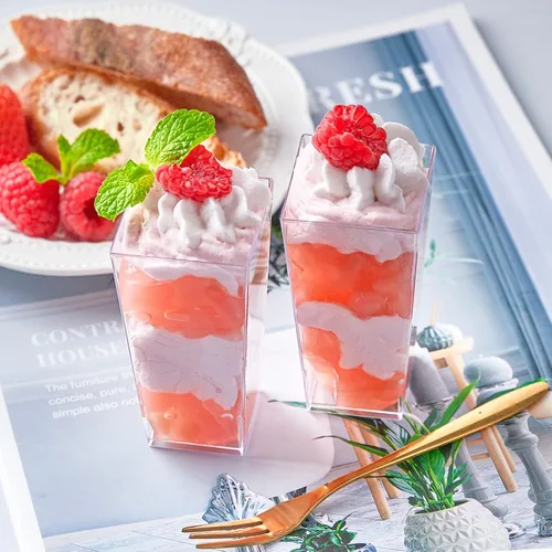 Vista 7 de TOFLEN Paquete de 100 mini tazas cuadradas de postre de 3 onzas con cucharas de plástico transparente para fiestas, yogur, parfait, pastel de queso
