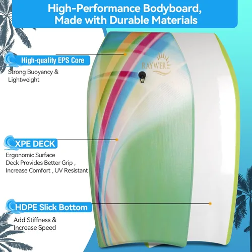 Vista 2 de Tabla de Bodyboard ligera con núcleo EPS, base lisa de HDPE, amarradera y muñequera ajustable, excelente para surfear para niños y adultos