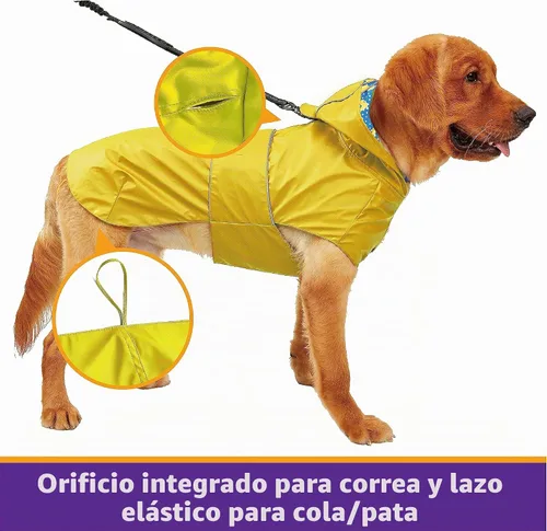 Vista 3 de Kimee - Impermeable reversible para perro, poncho protector de lluvia con capucha, chamarra impermeable ajustable con agujero para correa/tira