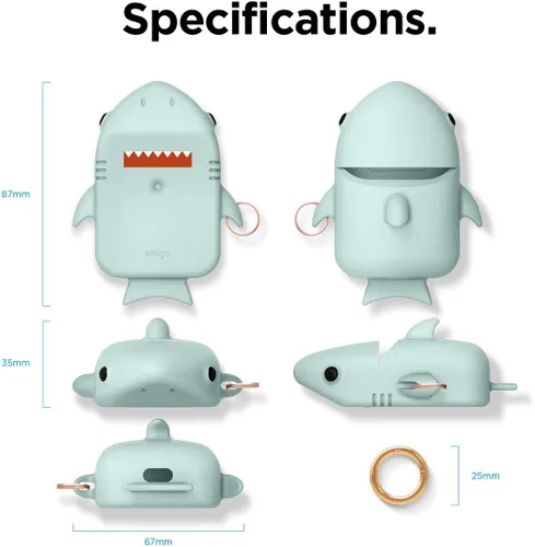 Vista 8 de elago Funda de tiburón compatible con Apple AirPods, bonita funda de diseño 3D con llavero para Apple AirPods 2, 1 (menta bebé)