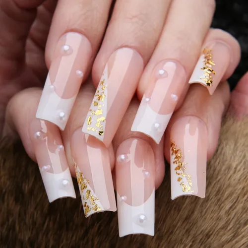 Vista 13 de Uñas postizas a presión con punta francesa color rosa, uñas postizas largas cuadradas de lujo, diseño de flores 3D, acabado UV, uñas postizas