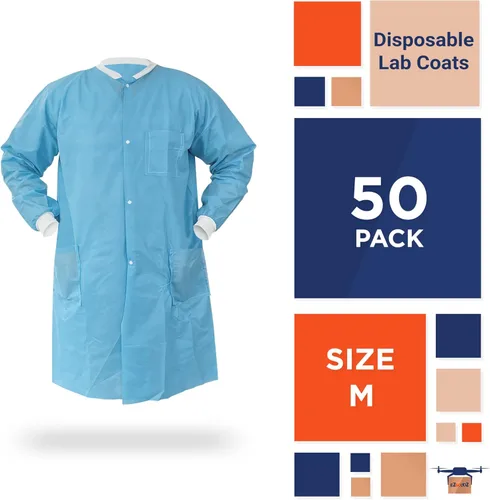 Vista 2 de EZGOODZ Abrigo de laboratorio desechable de 43 pulgadas de largo, mediano. Paquete de 50 abrigos de laboratorio desechables azules SMS para adultos.